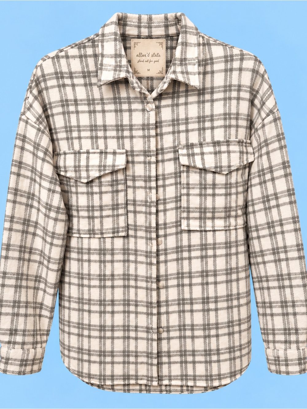 Altar'd State Cream and Gray Plaid Button-Front Shirt Jacket